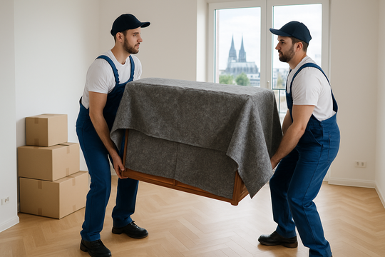 Beiladung Köln – Helfer tragen eingewickeltes Möbelstück gemeinsam